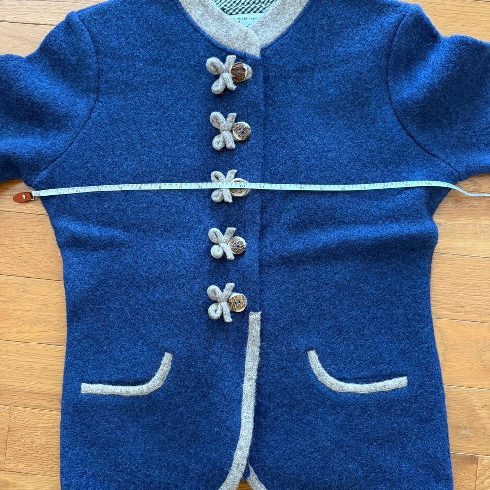 Handstrickerei Irmtraud Lanz Blue Wool Jacket Beige Trim Women’s L - Picture 6 of 16